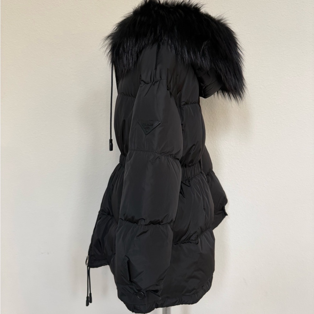 Prada Black Puffer Jacket with Fox Fur Trim 46